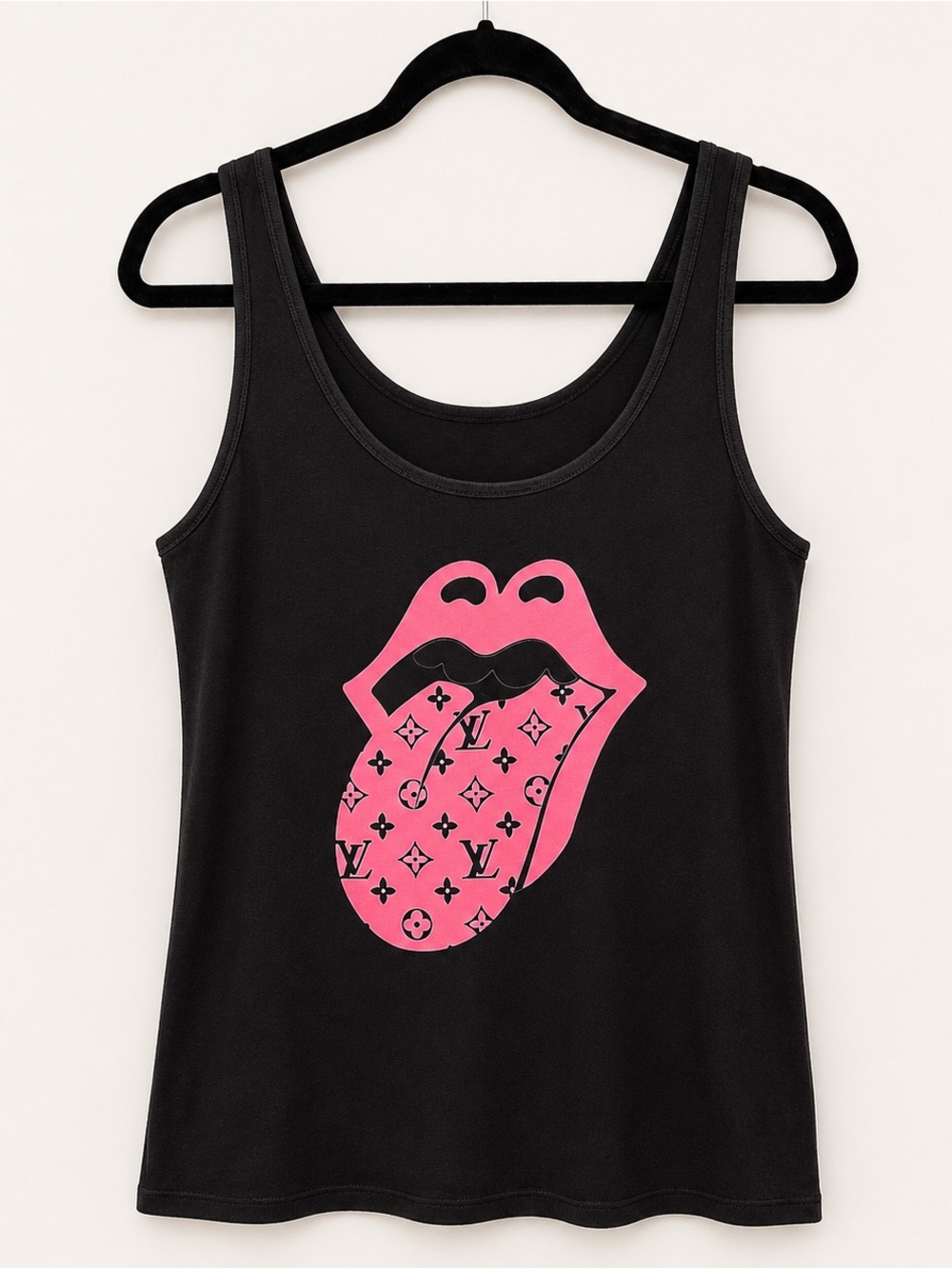 Black Tank Top with Pink Logo Tongue Graphic